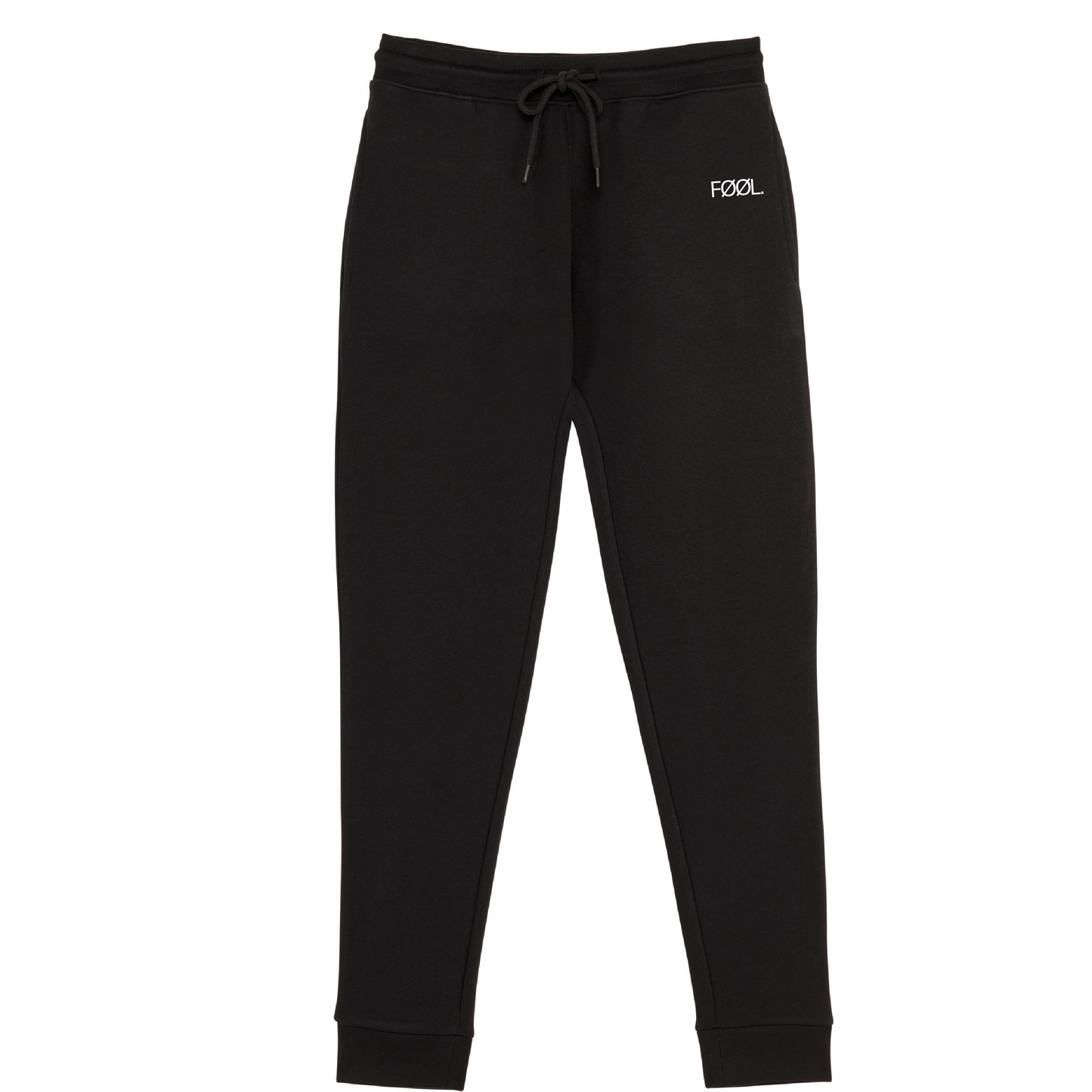 Voorkant zwarte jogger met wit 'FØØL' logo
