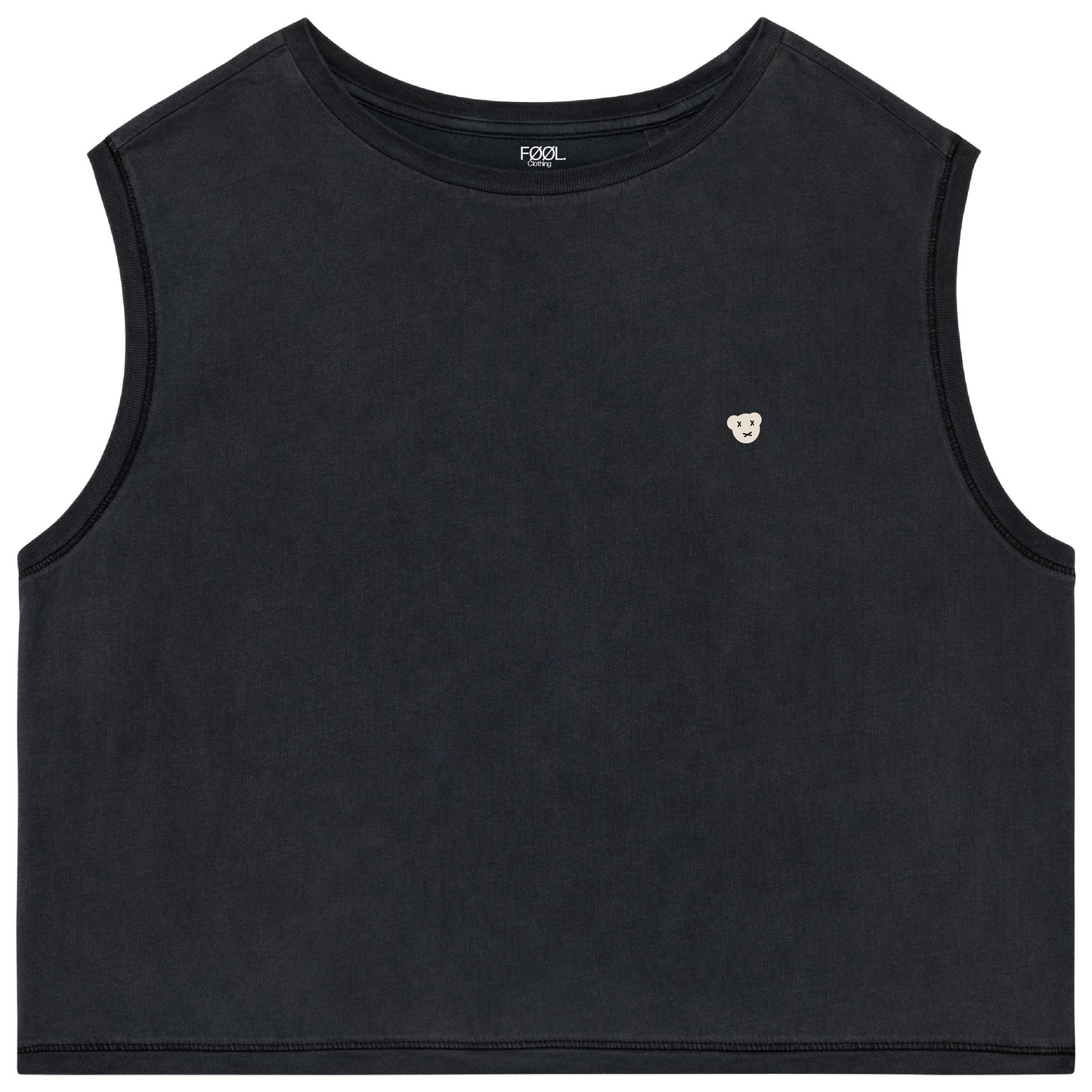 Voorkant van de verwassen zwarte cropped top met witte 'BEAR' logo op de borst.