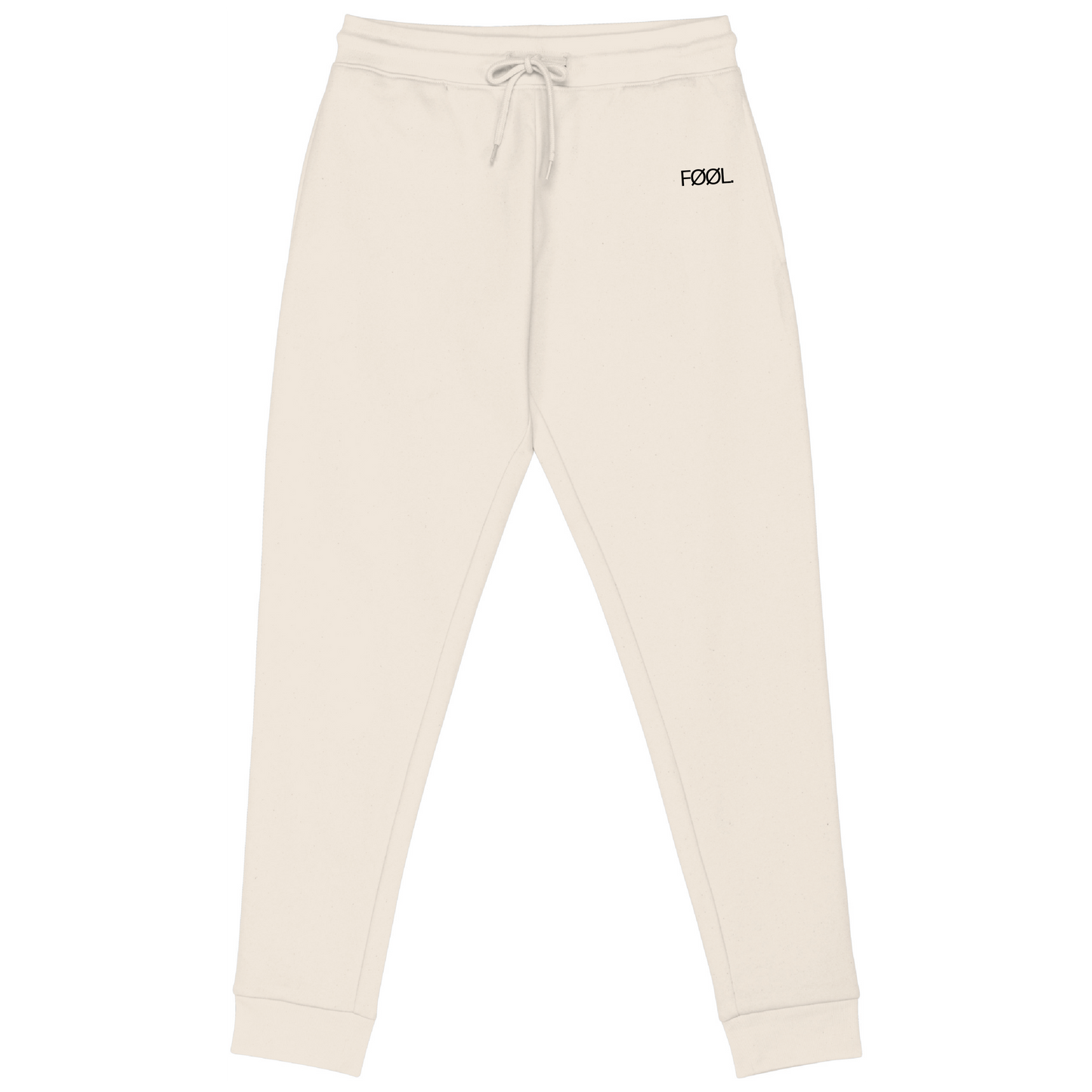 Voorkant ivory jogger met zwart 'FØØL' logo