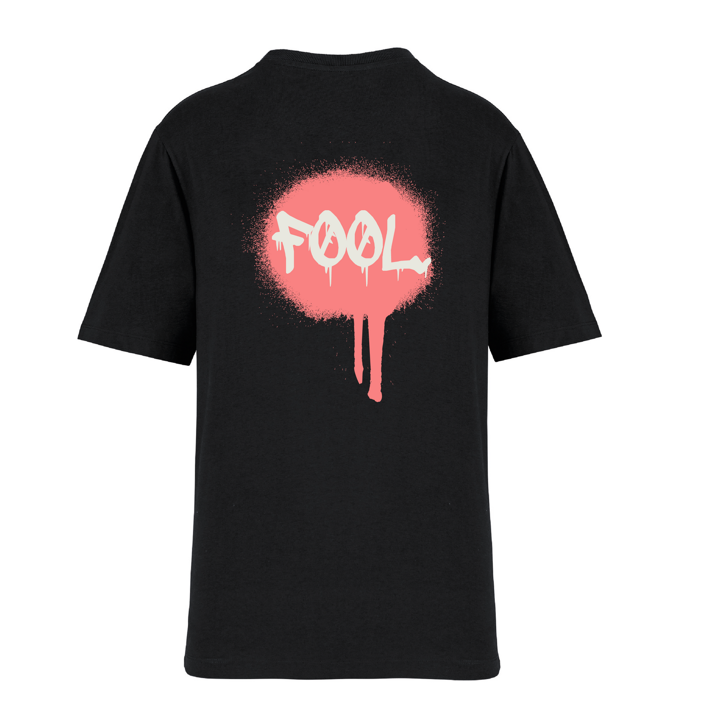 Achterkant zwart t-shirt met 'Graffiti FØØL' logo.