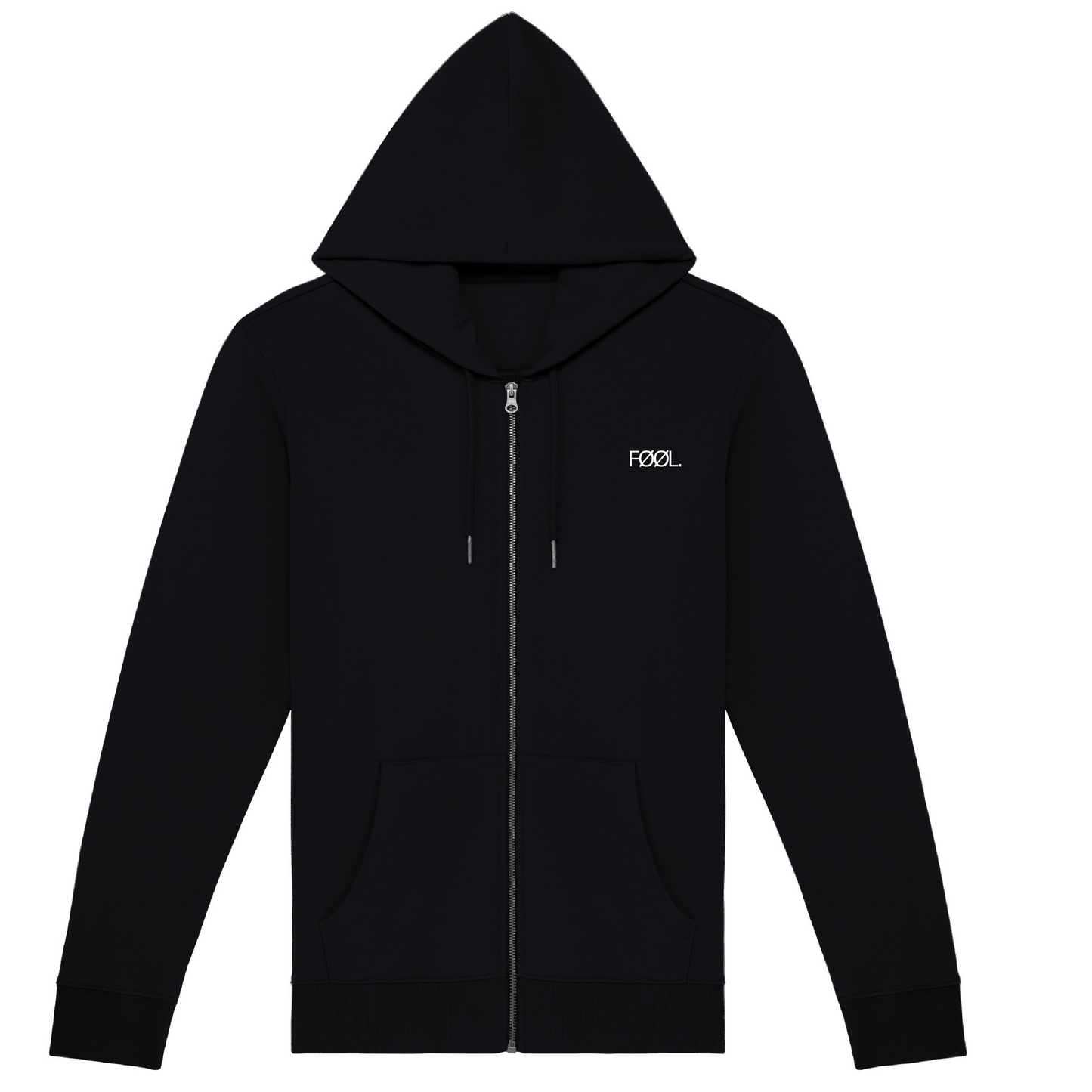 Zwart vest met wit 'FØØL' logo op de borst.