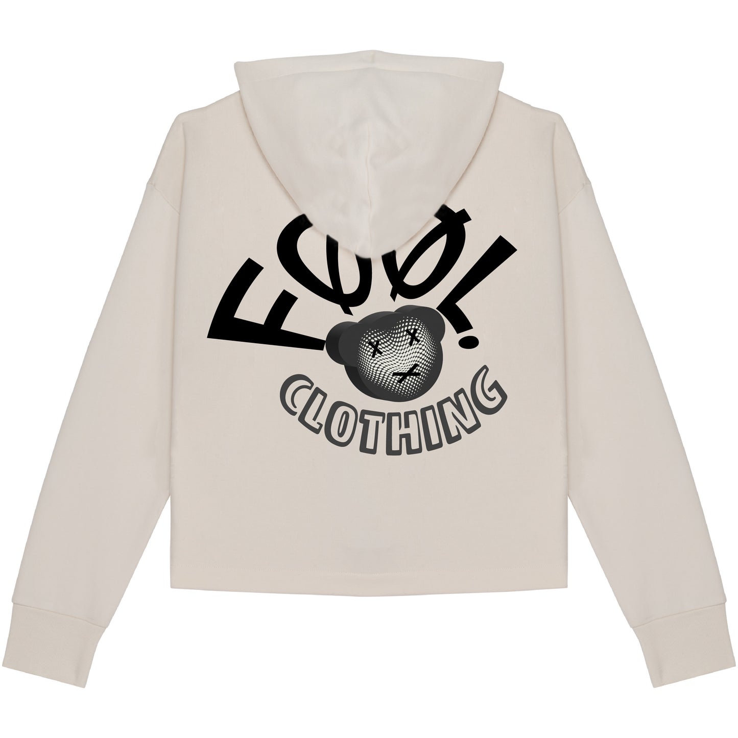 Achterkant van oversized cropped vest in de kleur ivory met zwart 'FØØL CLOTHING' logo.
