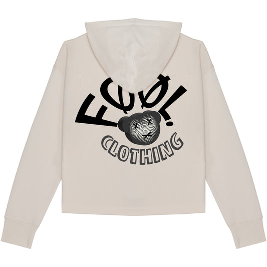 Achterkant van oversized cropped vest in de kleur ivory met zwart 'FØØL CLOTHING' logo.