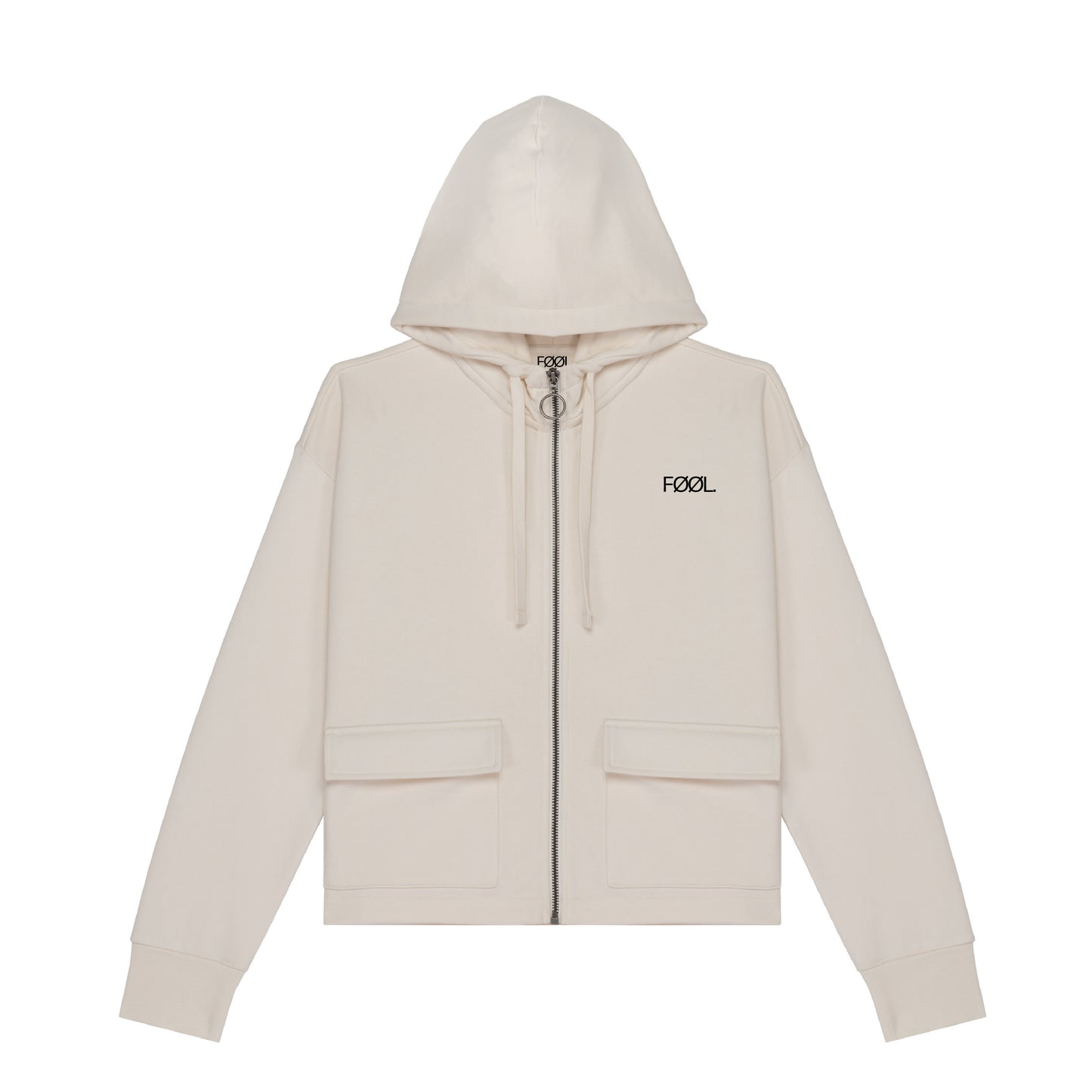 Voorkant oversized cropped vest in de kleur ivory, zwart 'FØØL' logo op de borst.