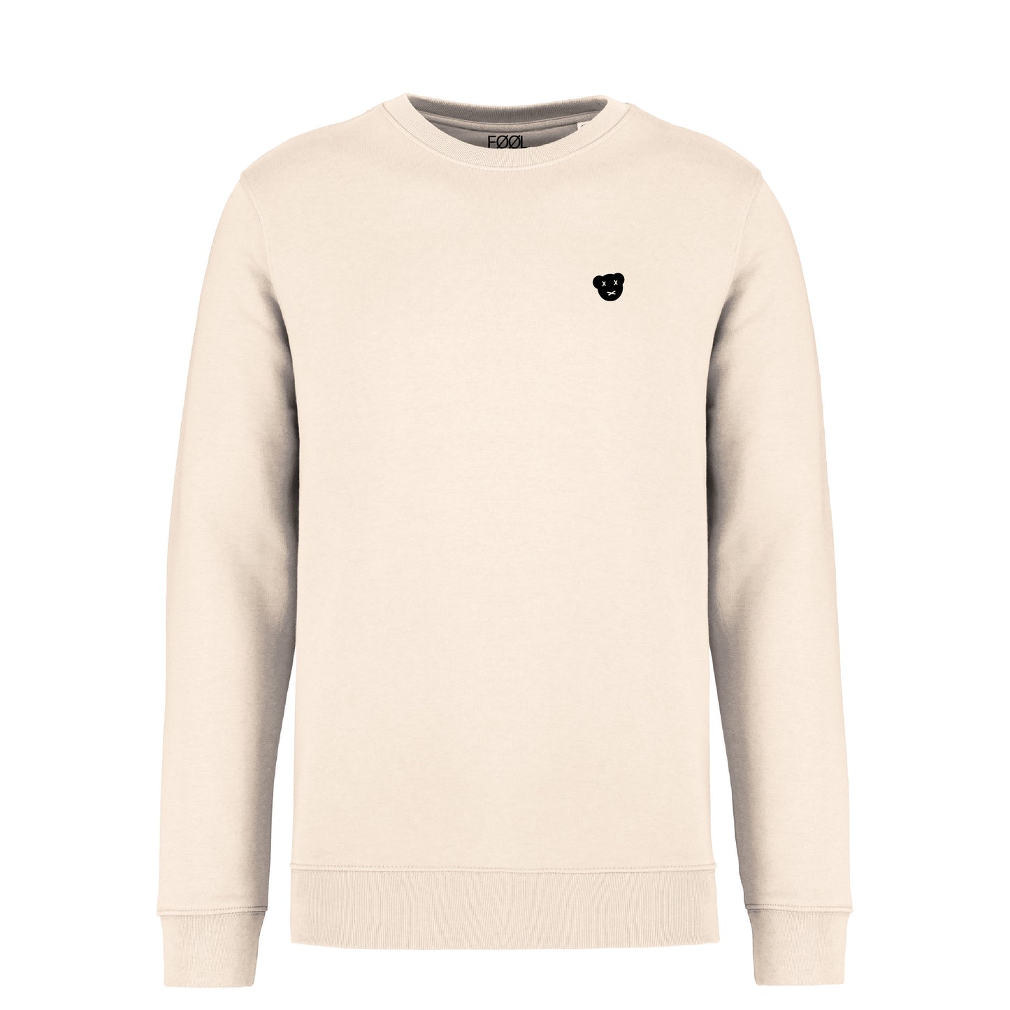Voorkant van de Ivory sweater met de zwarte 'BEAR logo op de borst.