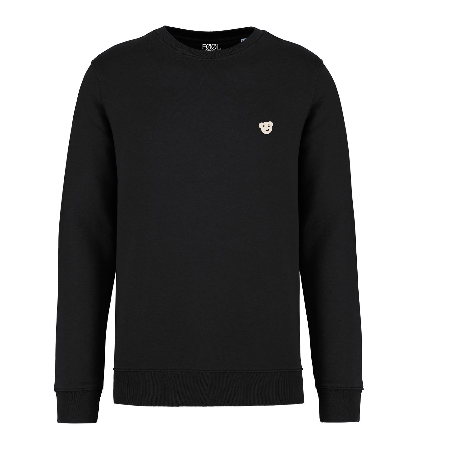 Voorkant van een zwarte sweater met het witte 'BEAR' logo op de borst.