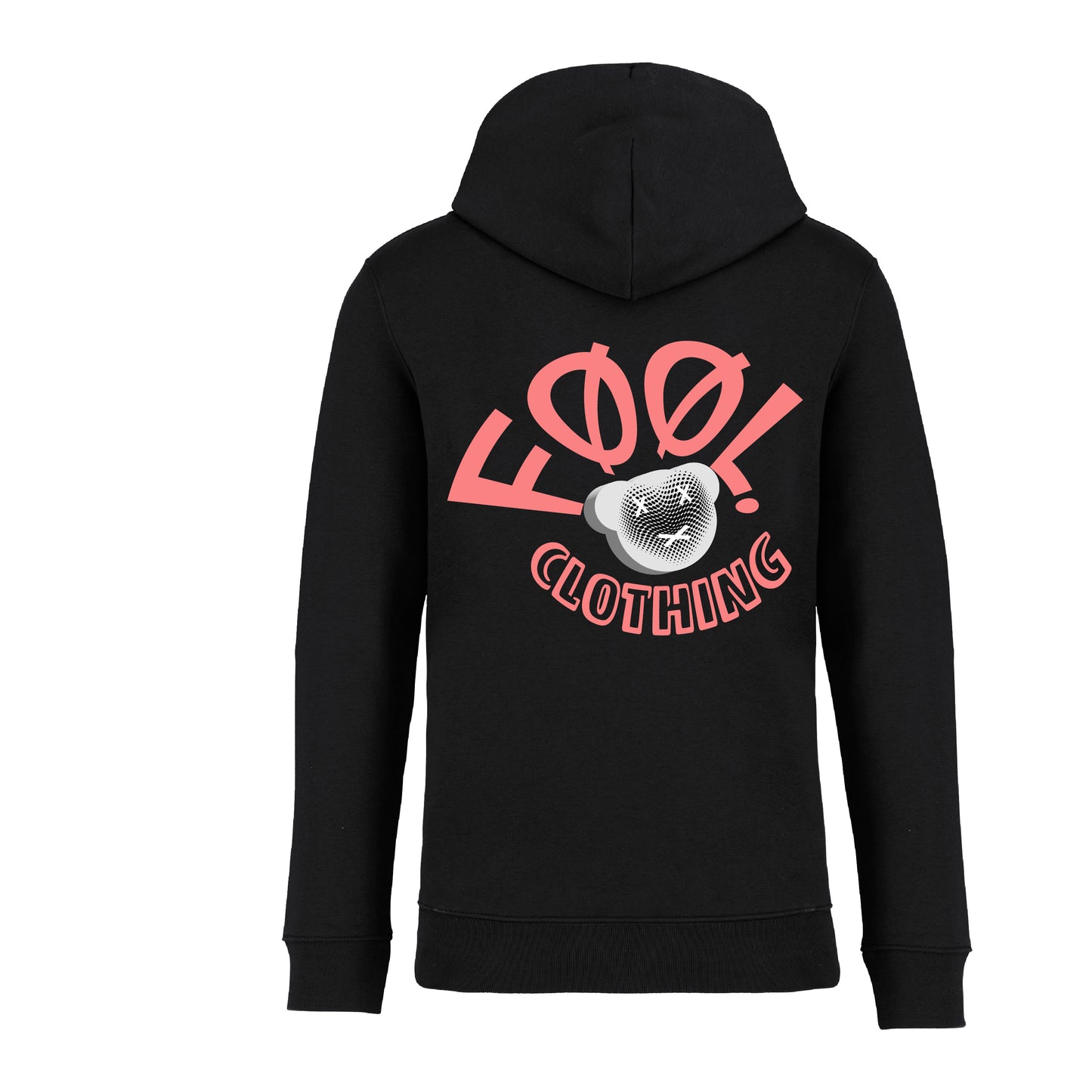 Zwarte hoodie met rood 'FØØL CLOTHING met bear' logo op de achterkant, unisex streetwear
