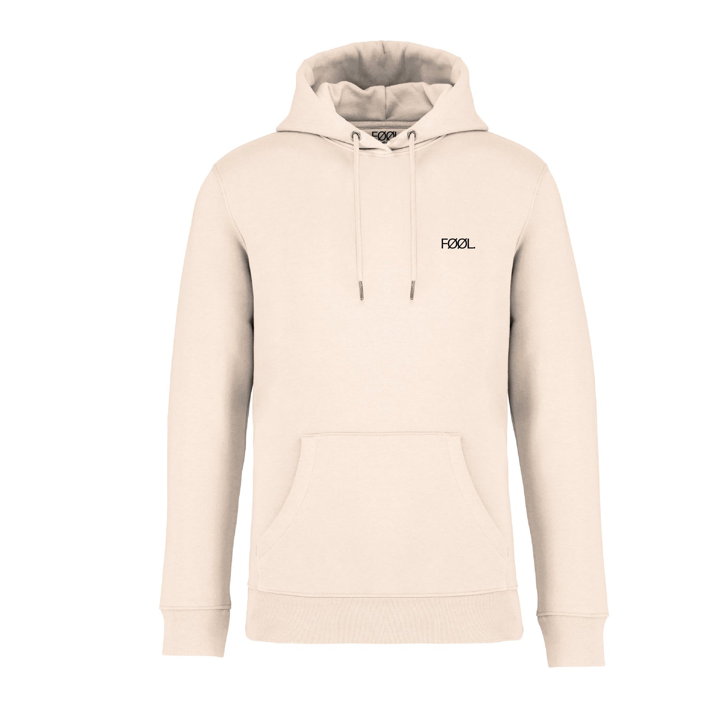 Voorkant van de ivory hoodie met het zwarte 'FØØL' logo op de borst.