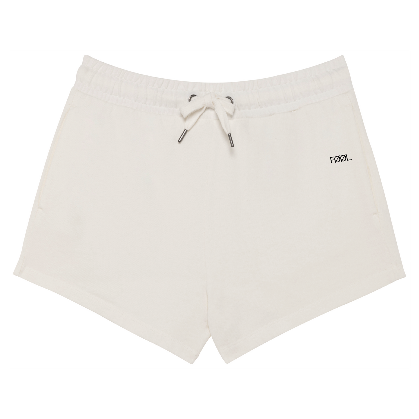 Voorkant van de dames short, in de kleur ivory, met het zwarte 'FØØL' logo op de heup.