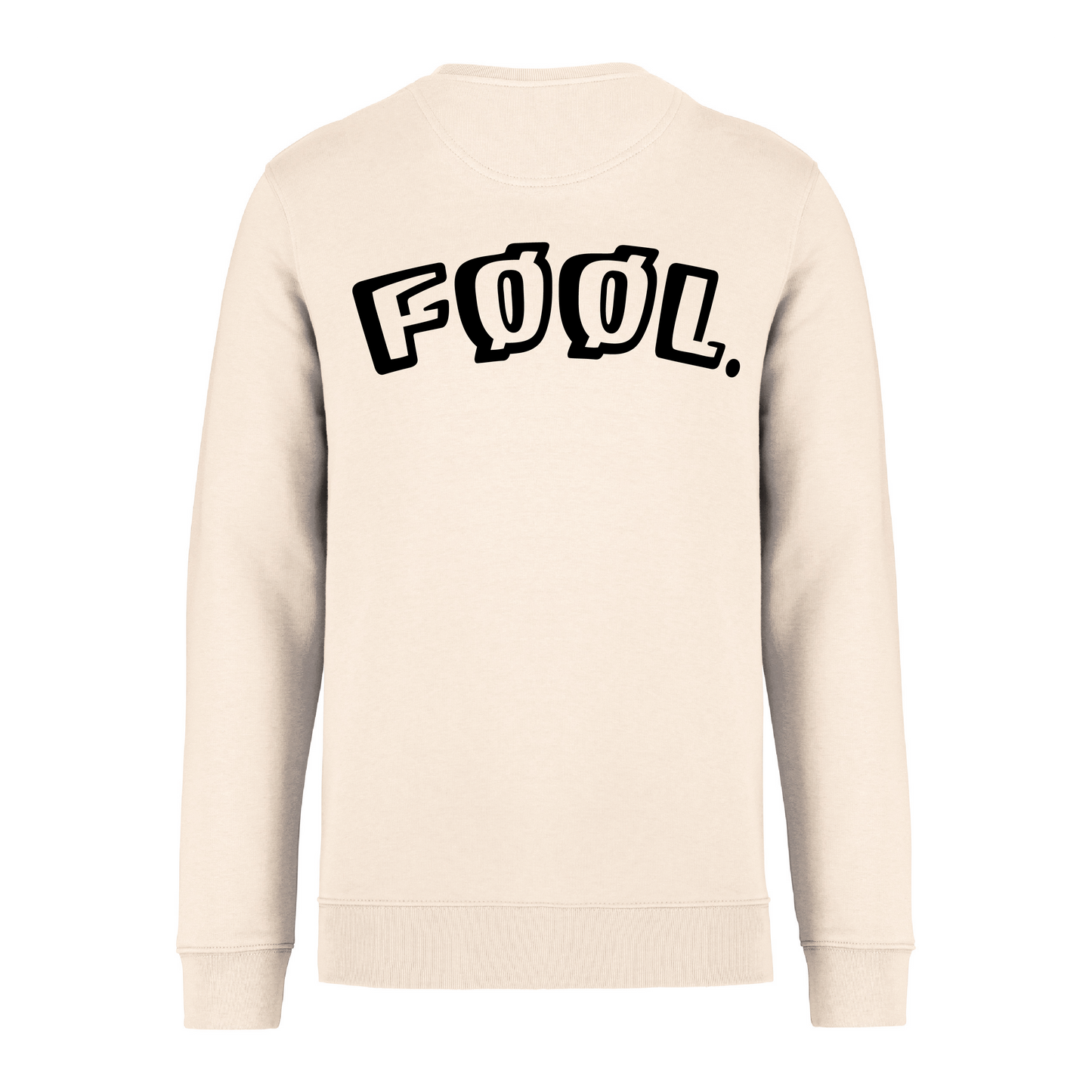 Achterkant van de ivory sweater met groot het zwarte 'FØØL' logo op de rug.