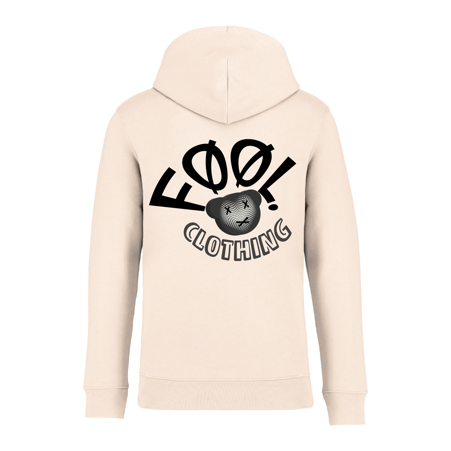Achterkant van de ivory hoodie met het zwarte 'FØØL CLOTHING' logo op de rug.