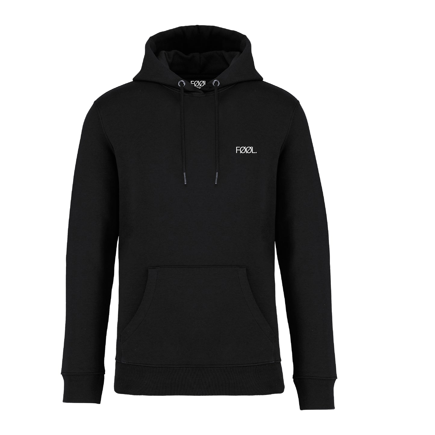 Zwarte hoodie met wit 'FØØL' logo op de borst, unisex streetwear