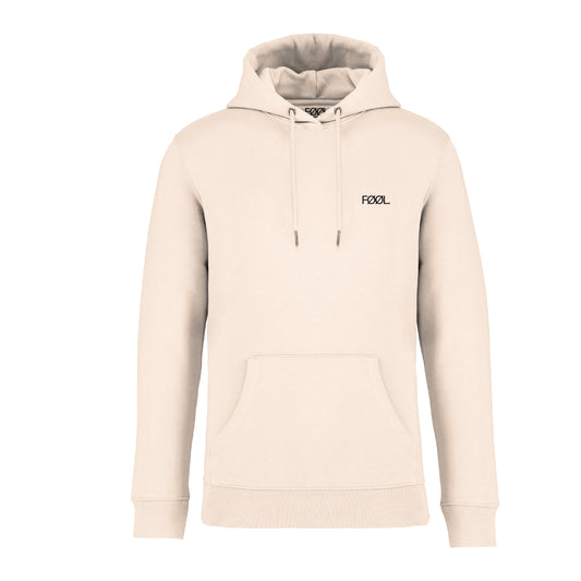 Voorkant van de ivory hoodie met het zwarte 'FØØL' logo op de borst.