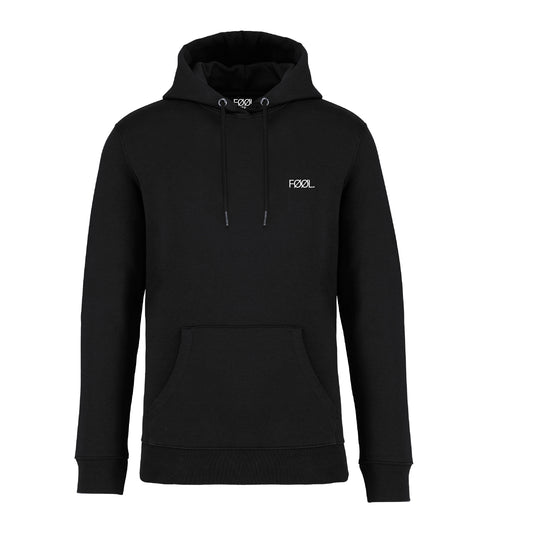 Zwarte hoodie met wit 'FØØL' logo op de borst, unisex streetwear